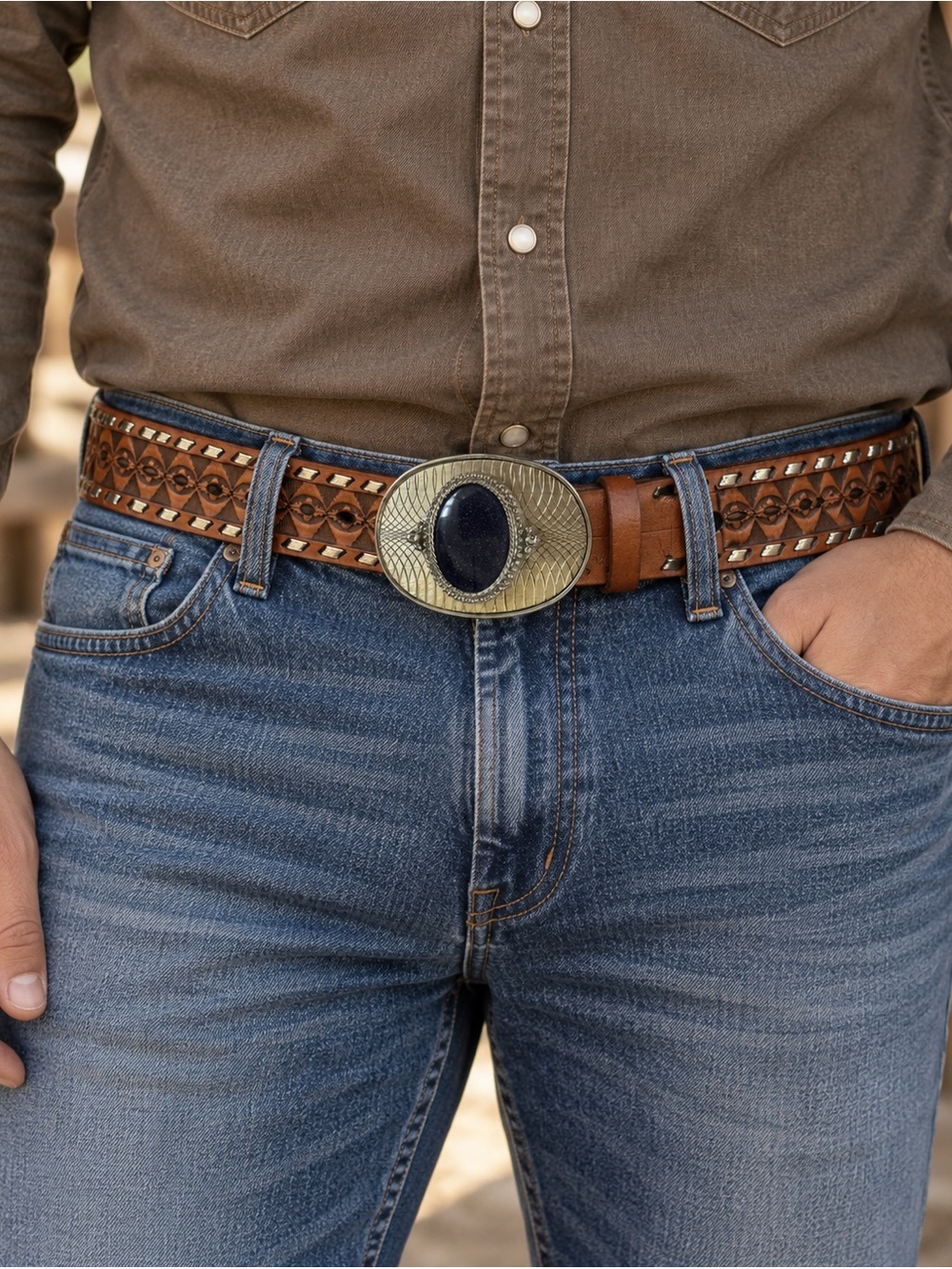 Men's Brown Leather Western Belt with Silver Trim & Decorative Blue Stone Buckle